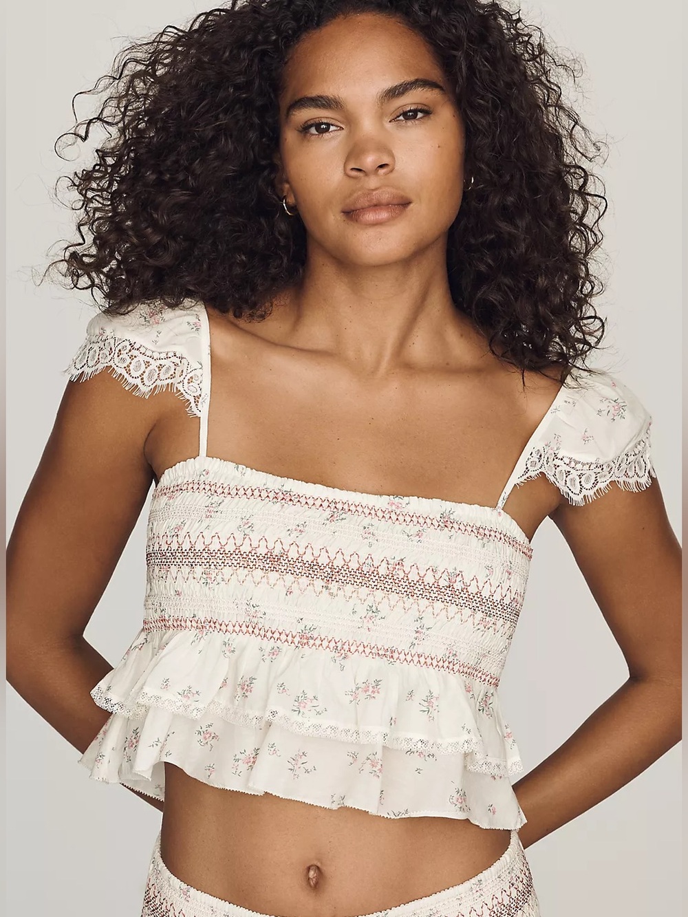 Anthropologie Cream Floral Smocked Ruffle Crop Top